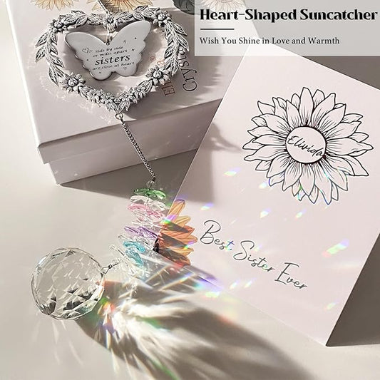 Suncatcher Gift for Sister Birthday, Best Sister Ever Crystal Hanging Ornament, Unique Sun Catcher for Indoor Windows, Heart Shaped Rainbow Maker