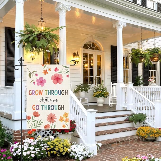 Grow Through What You Go Through Garden Flag, 12 x 18 Inch Double Sided Inspirational and Growth Themed Decor Flag for Outdoor Farmhouse Garden Yard Front Porch, Encouragement Yard Sign