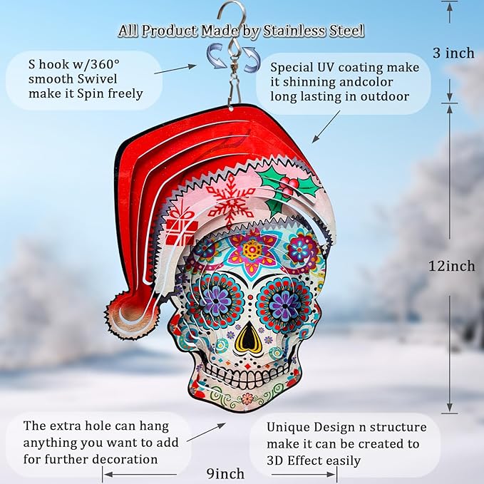 FONMY Santa Sugar Skull Wind Spinner Kinetic 3D Metal Garden Wind Sculpture Unique Gifts Christmas Decorations Quality Hanging Ornament for Home and Garden Indoor/Outdoor 12inch Mandala Wind Spinners