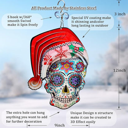 FONMY Santa Sugar Skull Wind Spinner Kinetic 3D Metal Garden Wind Sculpture Unique Gifts Christmas Decorations Quality Hanging Ornament for Home and Garden Indoor/Outdoor 12inch Mandala Wind Spinners