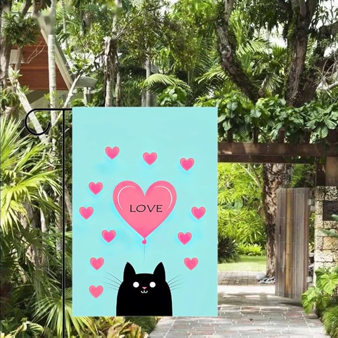 Gkyygk Garden Flag Black Cat Pink Love Heart Double Sided 12x18 Inch Banners Welcome Yard House Outside Outdoor Summer Decoration