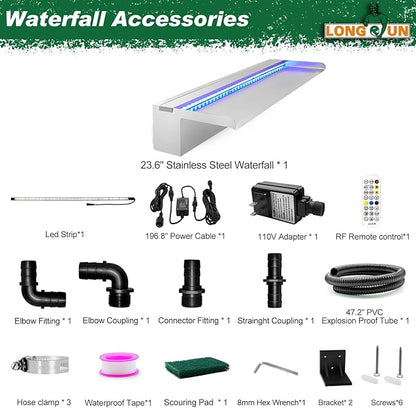 LONGRUN Stainless Steel Waterfall Spillway, APP Control Multi-Color LED Light Outdoor Pool Fountain, Water Spillway Koi Pond Waterfalls Fountains Kit for Garden Patio Swimming Pool Decoration-23.6"