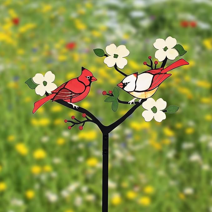 Cardinal Decor Red Bird Figurine Metal Garden Stake Cardinal Bird Decorative Red Cardinal on Branch Outdoor Decor for Balcony, Yard, Lawn Gift for Mom, Bird Lover