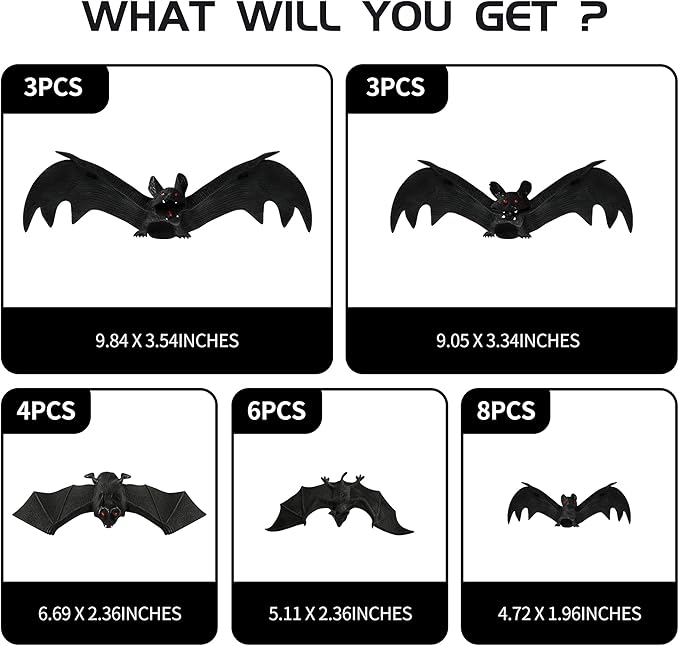 MGparty Halloween Hanging Bats 24 Pcs Realistic Scary Rubber Bats for Halloween Outdoor Indoor Yard Home Window Door Wall Decorations Halloween Party Decorations with 5 Size