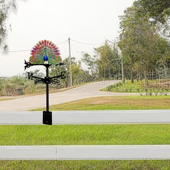 Colorful Red-Crowned Crane Weather Vane Metal Peacock Rooftop Weathervane Iron Wind Direction Indicator Garden Statue Yard Decor Lawn Ornament (Peacock Green B)