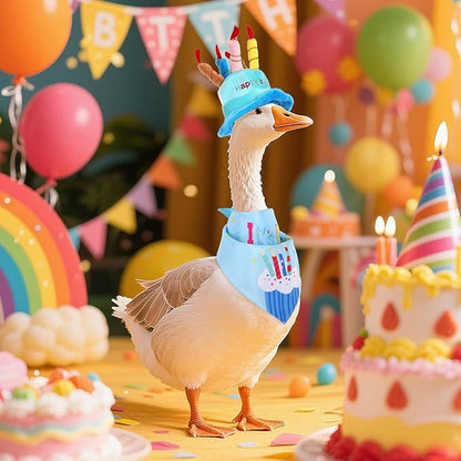 Happy Birthday Porch Goose Outfits with Birthday Cake Hat and Bandana for 17" 23" Cement Lawn Goose Statue Costume for Luau Party Outdoor Garden Yard Decor (Blue)
