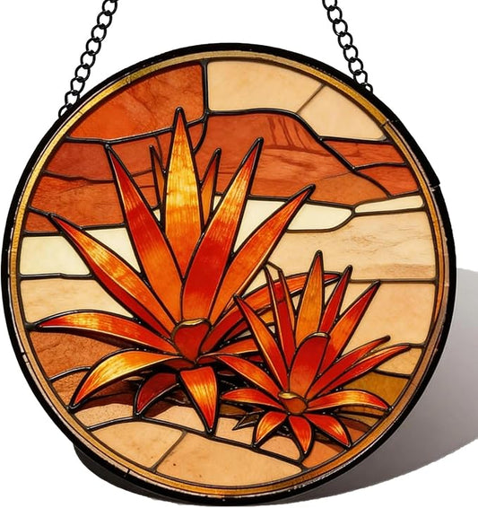 Stained Glass Window Hanging Golden Agave Suncatcher 8 Inch,Agave Plant Glass Art Desert Home Decor, Indoor Outdoor Wall Art, Birthday for Women Men