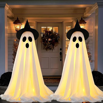 [Timer] 2Packs Halloween Decorations Outdoor, Cute Halloween Decorations Indoor, Spooky Ghost Halloween Decor with Witch Hat, Scary Ghosts Decor with LED Lights for Front Porche Yard Garden Home