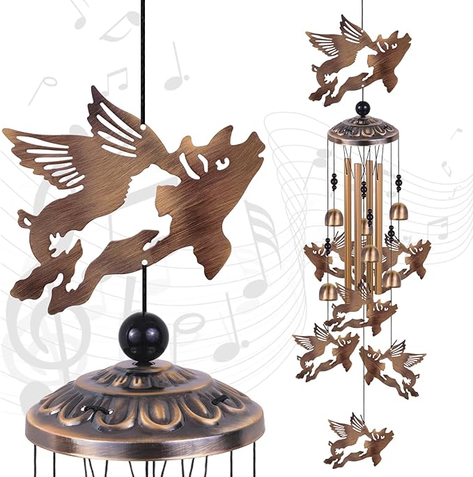 Bronze Flying Pigs Wind Chimes for Garden/Home/Balcony/Lawn/Tree/Yard/Indoor/Outside Decoration, Retro Wind Catcher, Pig Decor, Blessing Wind Bells, Memorial WindChimes Gifts for Mom, Grandma, Woman