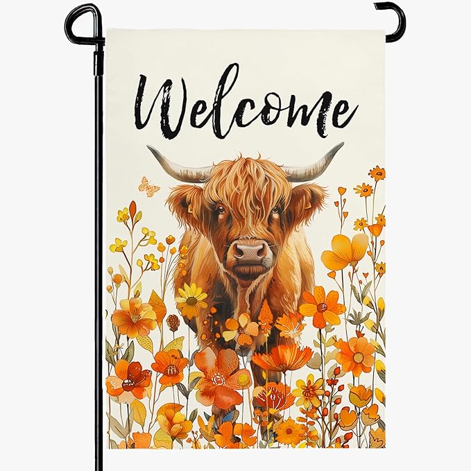 Welcome Fall Highland Cow Garden Flag Highland Cow with Flowers Burlap Yard Flag Seasonal Autumn Bull Butterfly House Banner for Farmhouse Rustic Holiday Outdoor Decor 12x18 Inch
