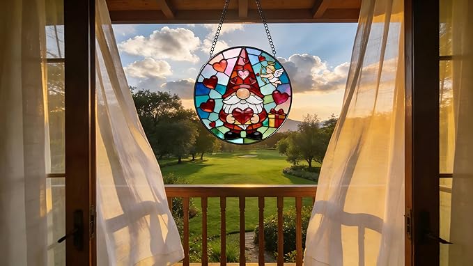 Funoasis Valentine's Day Gnome Stained Glass 6.3 Inches Suncatcher - Cupid & Red Heart Ornament Window Hanging Decor for Sweetheart Present