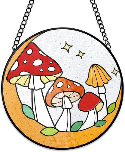Tuitessine Mushroom Stained Glass Suncatcher, Hand-Painted Toadstools Window Hanging Decorative Glass Panel for Home & Garden, Boho Nature Gift for Women & Housewarmings
