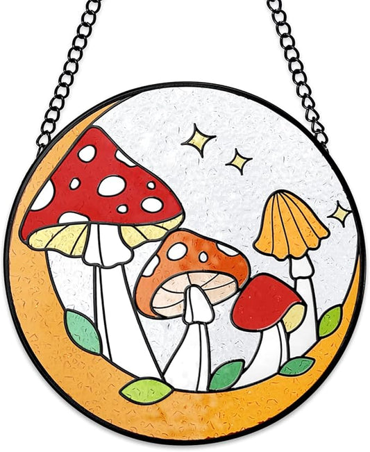 Tuitessine Mushroom Stained Glass Suncatcher, Hand-Painted Toadstools Window Hanging Decorative Glass Panel for Home & Garden, Boho Nature Gift for Women & Housewarmings