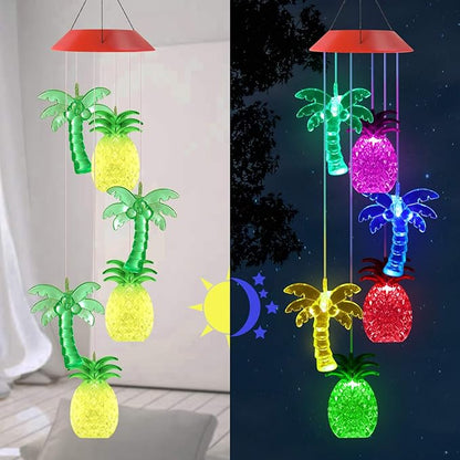 Solawindchime Coconut Tree Pineapple Wind Chimes Gifts for Women, Color Changing Solar Wind Chime Outdoor Waterproof Solar Lights, Romantic Coconut Pineapple Solar Powered Wind Chime Garden Decoration