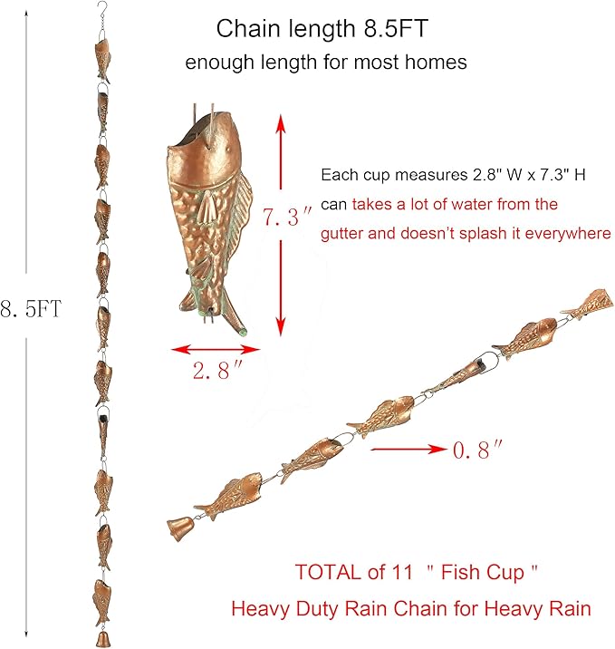 Copper Patina Rain Chain with Rainbow Trout for Heavy Rain, Functional and Decorative Replacement Downspout Chain for Outside, Rain Catcher Chain for Gutters, 8.5FT
