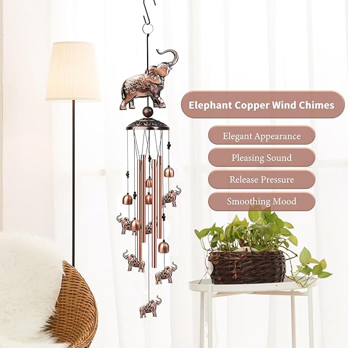 35 Inch Elephant Wind Chime, Handmade Large Metal Animal Figurine Windchimes for Garden Decor, Deep Soothing Bass Tones Wind Chimes for Outside, Memorial Gifts for Patio, Yard, Porch