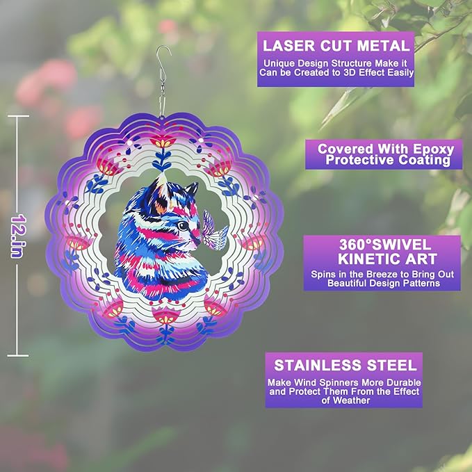 Wind Spinner Mandala 12 inch 3D Stainless Steel Laser Cut Metal Art Geometric Pattern Hanging Wind Spinner (Purple Cat)