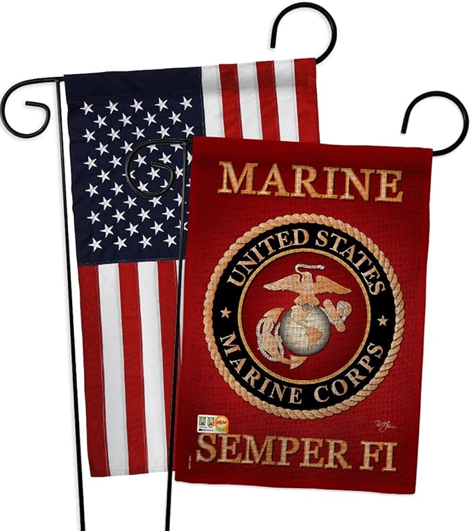 Marine Corps Burlap Garden Flag - Pack Armed Forces USMC Semper Fi United State American Military Veteran Retire Official USA Applique - House Banner Small Yard Gift Double-Sided Made In 13 X 18.5