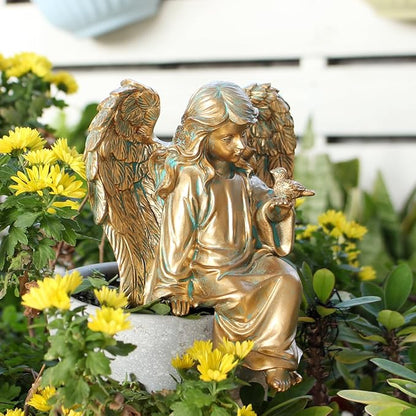 Angel Garden Statue, Sitting Angel Sculpture, Resin Angel with Bird Figurine for Patio Yard Porch Lawn Outdoor Decor Home Shelf Sitter Memorial Spiritual Gifts (Bronze)