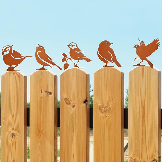 5PCS Metal Birds Fence Decoration, Outdoor Rusty Birds Garden Sculptures and Yard Art, Craft Statue Ornaments Rustic Farmhouse Garden Decor (Style 2)