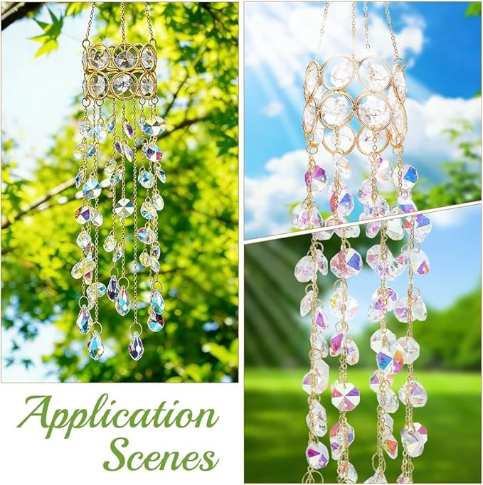 17.9In Crystal Wind Chimes Glass Crystal Suncatcher Prism Hanging Rainbow Maker Sun Catchers Octagonal Bead Chains Windchime for Window Hanging Ornaments Home Garden Decor Indoor Outdoor