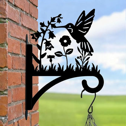 Hummingbird Plant Hanger Hooks Iron Plant Brackets 10.6 x 14.1 Inch Black Flowers Bird Silhouette Indoor Outdoor Decorative Basket Wall Mounted Hanging Bracket for Garden Wind Chime Lantern