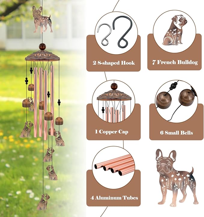 36" French Bulldog Wind Chimes for Outside - Rustic Copper Frenchie Dog Silhouette Decor with 6 Handcrafted Pendants - Sympathy Dog Memorial Windchime - Unique Gift for Frenchie Lovers & Pet Owners