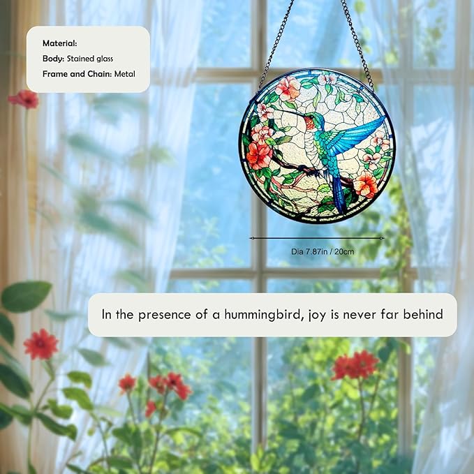 Stained Glass Window Hanging, 7.87" Luyseyha Sun Catcher for Window, Hummingbird Suncatcher Ornaments, Handmade Glass Art Wall Decor, Birthday Gift for Women Grandma Mom