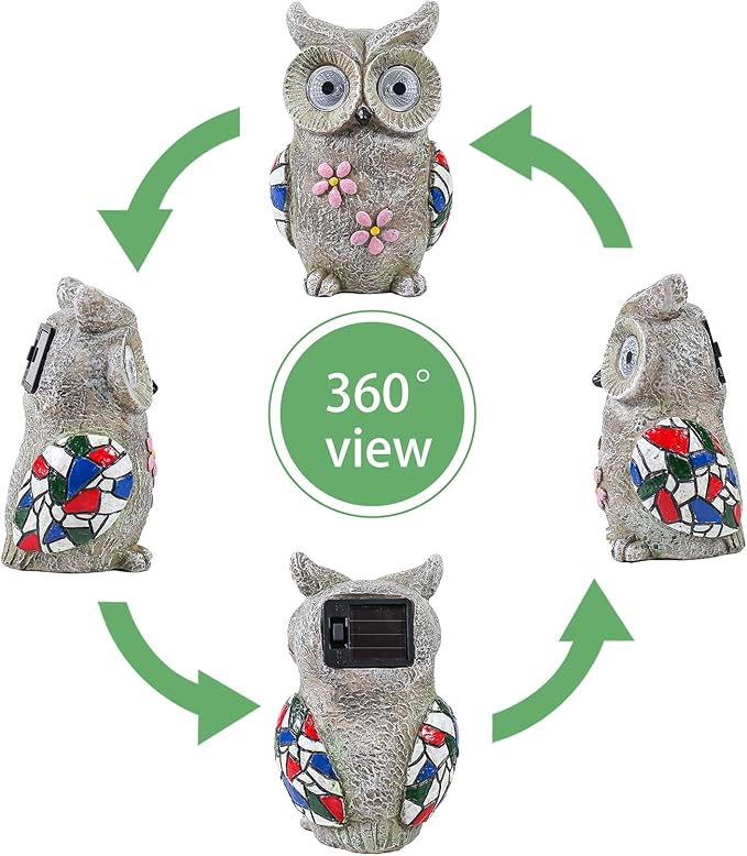 Solar Garden Owl Statue - Decorative Owl Figurine with Solar Powered Eyes, Gray Stone-Look Finish for Outdoor Decor