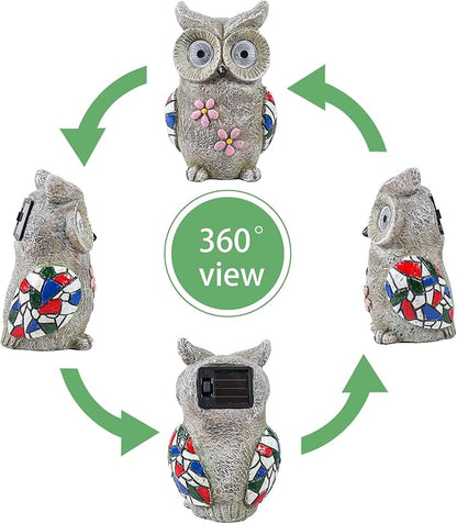 Solar Garden Owl Statue - Decorative Owl Figurine with Solar Powered Eyes, Gray Stone-Look Finish for Outdoor Decor