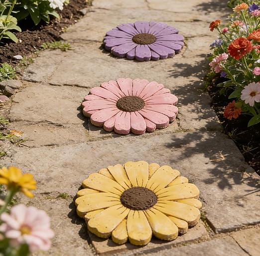 Landoraloria Cement Flower Stepping Stone 10” Daisy Garden Path Stone for Yard & Walkway Handcrafted Non-Slip Outdoor Patio Decor Weather-Resistant Cement Stone (Purple)