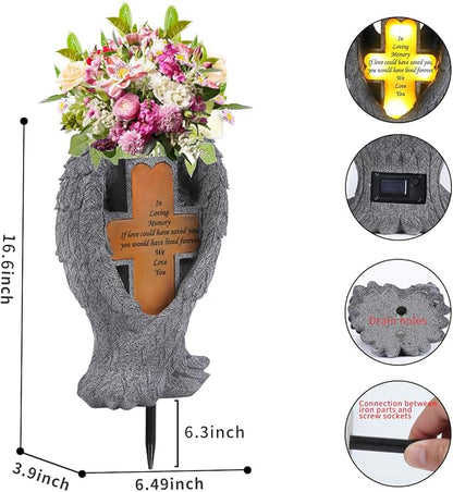 Angel Wings and Cross Solar Light CemeteryDecorations, Cemetery Decorations,Garden Solar Vase Decorations,Gift for Lost Lovers Ones (Grey)