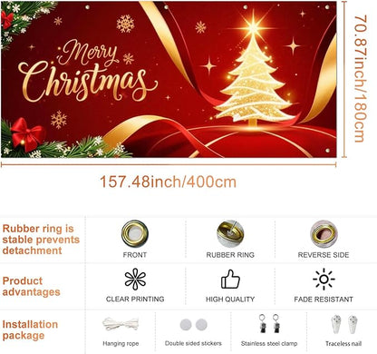 IVN Merry Christmas Garage Door Cover Decoration 13x6ft Golden Ribbon Tree on Red Holiday Christmas Banner Home Garage Door Front Yard Decor for Xmas Eve Winter Scene Holiday Outdoor Background