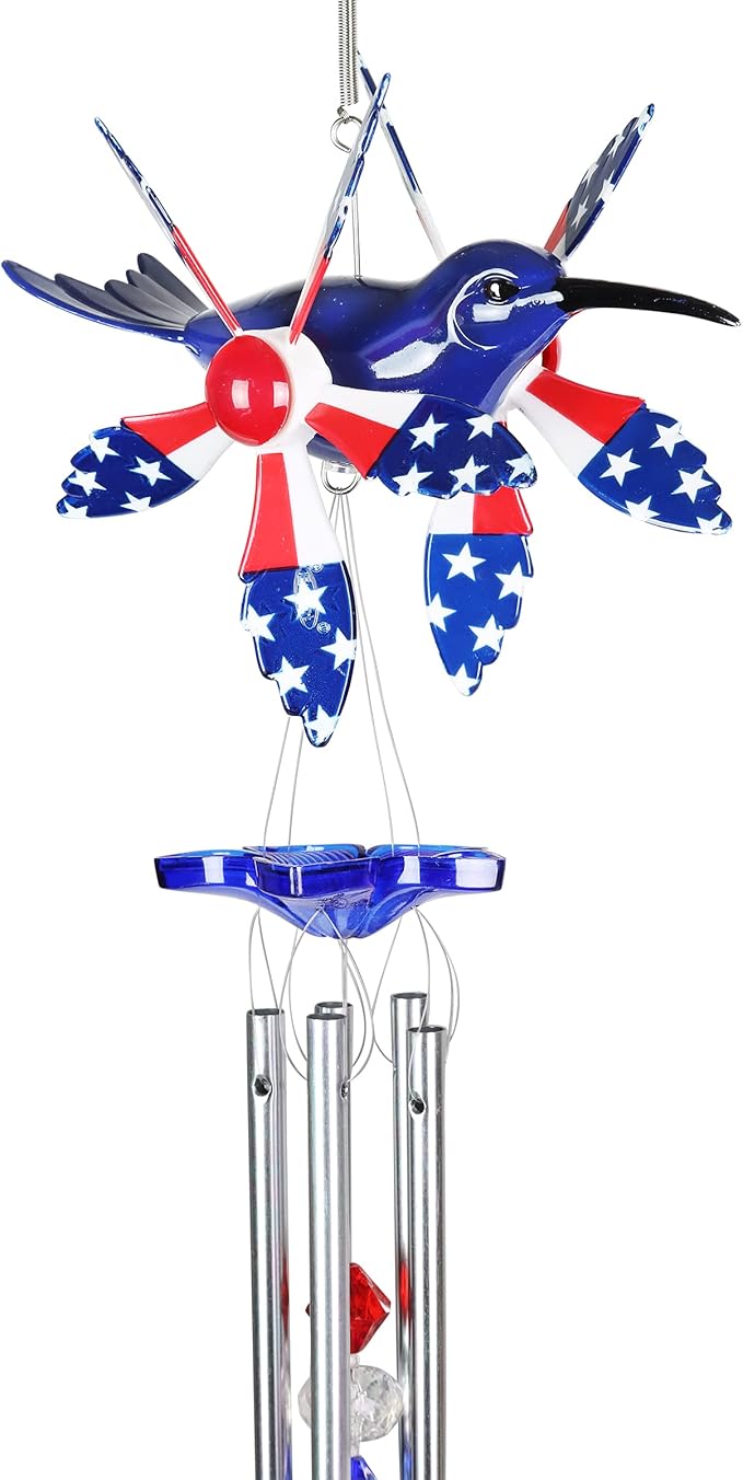 Exhart WindyWing Patriotic Hummingbird Wind Chime with American Flag Wings That Spin in The Breeze, 8 by 18 Inches