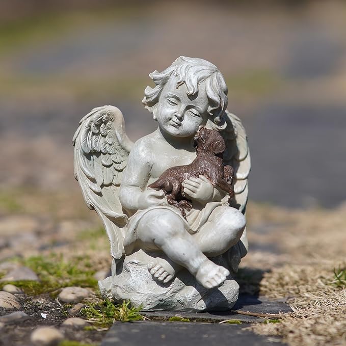 Topadorn Resin Angel Wings Statue with Small Dog, Praying Angel Figurine Tabletop Decor for Patio Yard Porch Lawn Outdoor Decor Home Shelf Sitter Memorial Spiritual Gifts