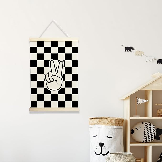 NQDWX Black and White Checkered Peace Sign Wood Poster Hanger - Retro Preppy Checkerboard Wall Decor, Hippie Boho Hanging Art for Bedroom, Dorm & Teen Room, 12x17 Inch Rustic Wood Frame Gift. (131)