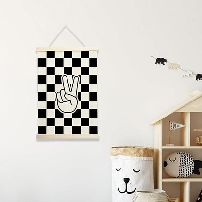 NQDWX Black and White Checkered Peace Sign Wood Poster Hanger - Retro Preppy Checkerboard Wall Decor, Hippie Boho Hanging Art for Bedroom, Dorm & Teen Room, 12x17 Inch Rustic Wood Frame Gift. (131)