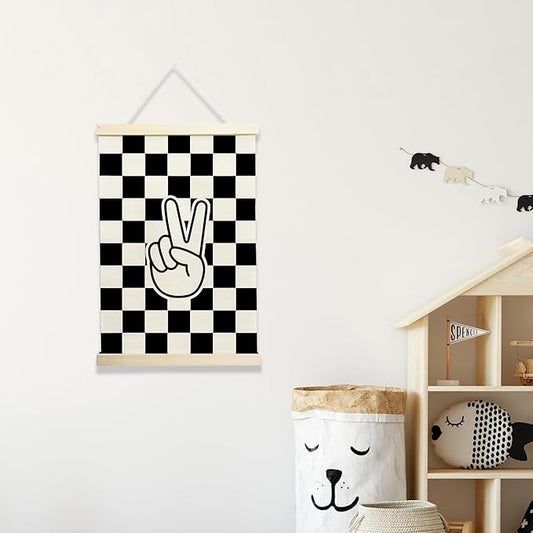 NQDWX Black and White Checkered Peace Sign Wood Poster Hanger - Retro Preppy Checkerboard Wall Decor, Hippie Boho Hanging Art for Bedroom, Dorm & Teen Room, 12x17 Inch Rustic Wood Frame Gift. (131)