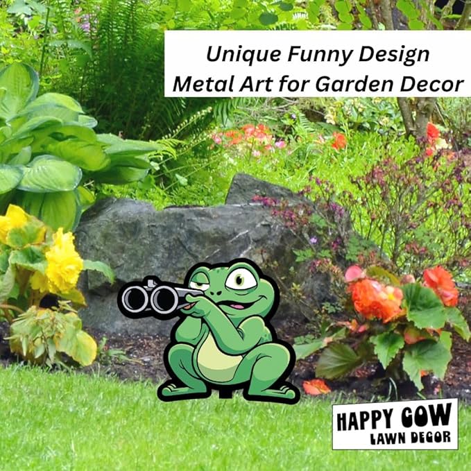 Garden Outdoor Small Metal Art 7"x 6" Weather Resistant Lawn Ornaments Sturdy Stakes Yard Sign Decoration for Patio (Frog with Shotgun)