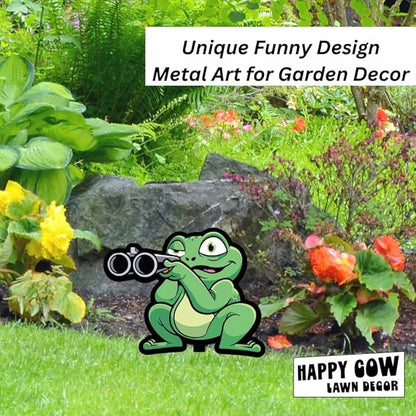 Garden Outdoor Small Metal Art 7"x 6" Weather Resistant Lawn Ornaments Sturdy Stakes Yard Sign Decoration for Patio (Frog with Shotgun)
