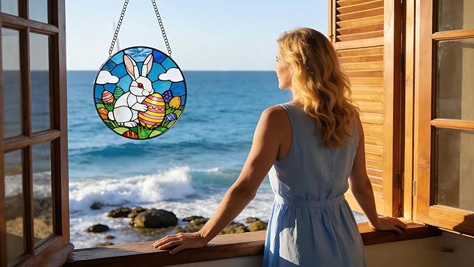 Funoasis Bunny Stained Glass Suncatcher - 6.3 Inches Easter Egg Hanging Window Ornaments for Home and Garden Holidy Gift