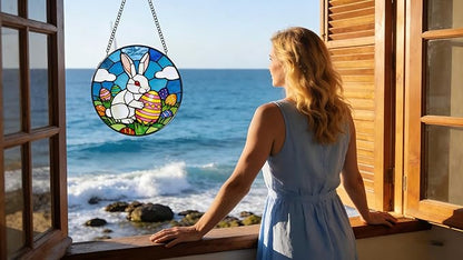 Funoasis Bunny Stained Glass Suncatcher - 6.3 Inches Easter Egg Hanging Window Ornaments for Home and Garden Holidy Gift