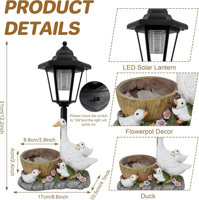 Garden Duck Statues with Solar Lantern Flowerpot Outdoor Decoration, Duck Figurines of resin Art Sculptures for Patio Lawn Backyard Porch Ornaments Unique Housewarming Birthday Gifts for Women Mom