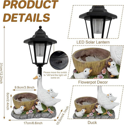 Garden Duck Statues with Solar Lantern Flowerpot Outdoor Decoration, Duck Figurines of resin Art Sculptures for Patio Lawn Backyard Porch Ornaments Unique Housewarming Birthday Gifts for Women Mom