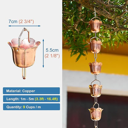 Elegant Copper Rain Chain Large Cup, Replacement Downspout for Gutters, Outside Rainwater Catcher Diverter for Villa/Deck/Pergola (Style C 4.5m (14.8ft))