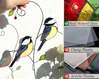 Chickadee (1 Pair) Stained Glass Birds Suncatcher for Mom, Grandma, Women - Real Glass Window Hanging Ornament - Handmade Bird Lover Home Decor (Gifts Ready Packaging)