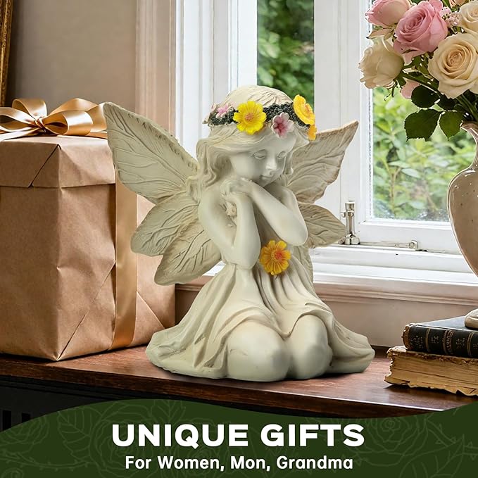 Solar Angel Garden Statue Outdoor Decor, Angel Figurines with Garland Flower Light, Cemetery Decoration for Grave, Yard, Patio, Balcony, House Warming Birthday Gifts for Women, Mom, Grandma
