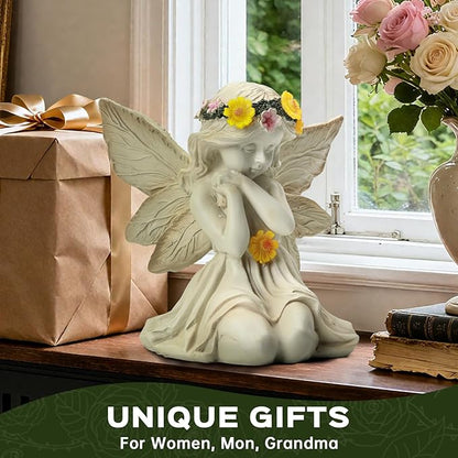 Solar Angel Garden Statue Outdoor Decor, Angel Figurines with Garland Flower Light, Cemetery Decoration for Grave, Yard, Patio, Balcony, House Warming Birthday Gifts for Women, Mom, Grandma
