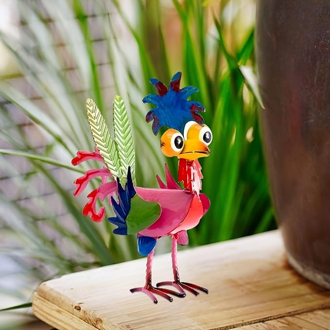 Metal Yard Art Rooster Decor, Garden Rooster Statues Sculpture, Garden Metal Statue Outdoor Decor Yard Art Chicken Decoration for Home Patio Lawn Backyard Farmhouse Kitchen (Pink)