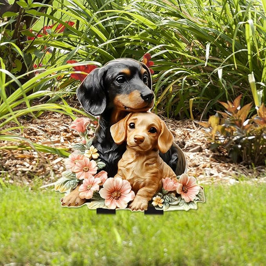 Garden Stake Decor, Acrylic 2D Flat Animal Statue, Fairy Sculptures Ornament Indoor Outdoor Yard Lawn Pot Plant Decorative Accessories (Two-Dogs)